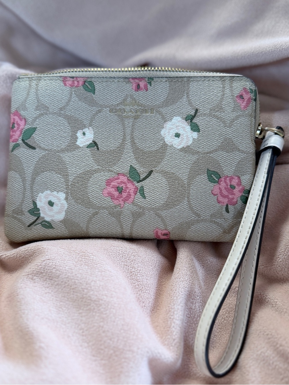 Coach Beige Floral Signature Wristlet with Pink Accents